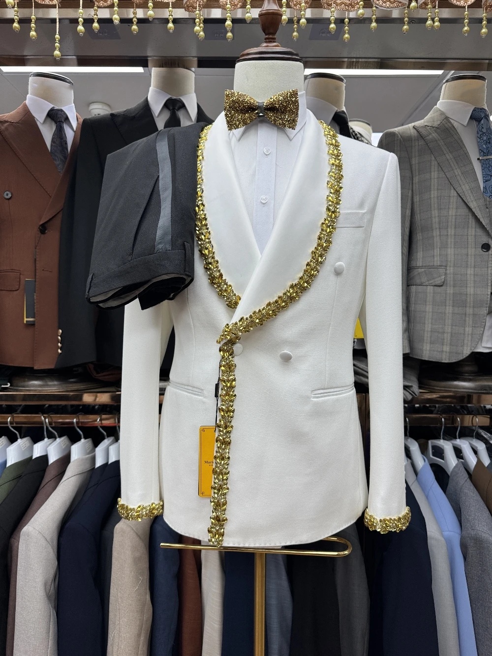 Elegant Men's Suit Shawl Lapel Tailor-Made 2 Pieces Set Jacket Crystal Blazer Double Breasted Groom Customized Coat Black Pants Plus Size