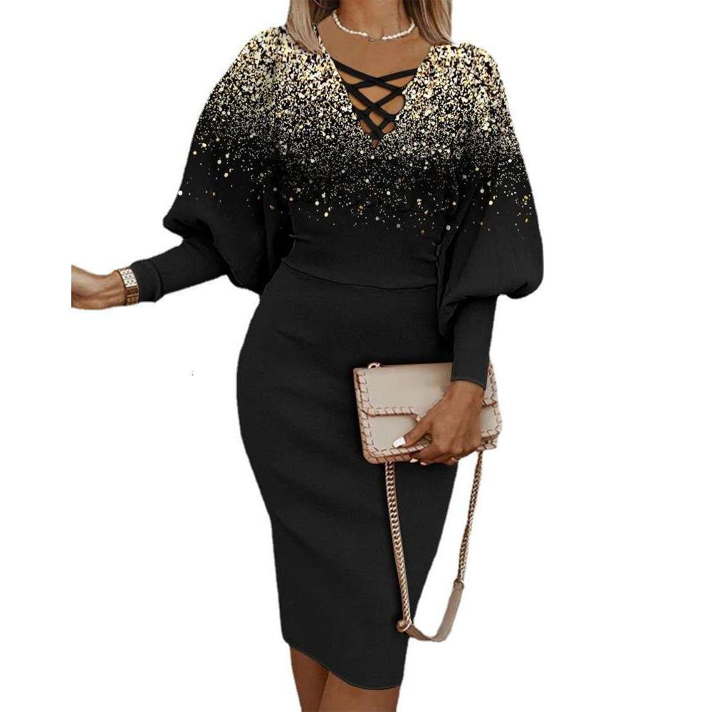 Cross-Border Hot-Selling Popular Autumn Winter Long Sleeve Waist-Cinching Bodycon V-Neck Dress Women's Fashion