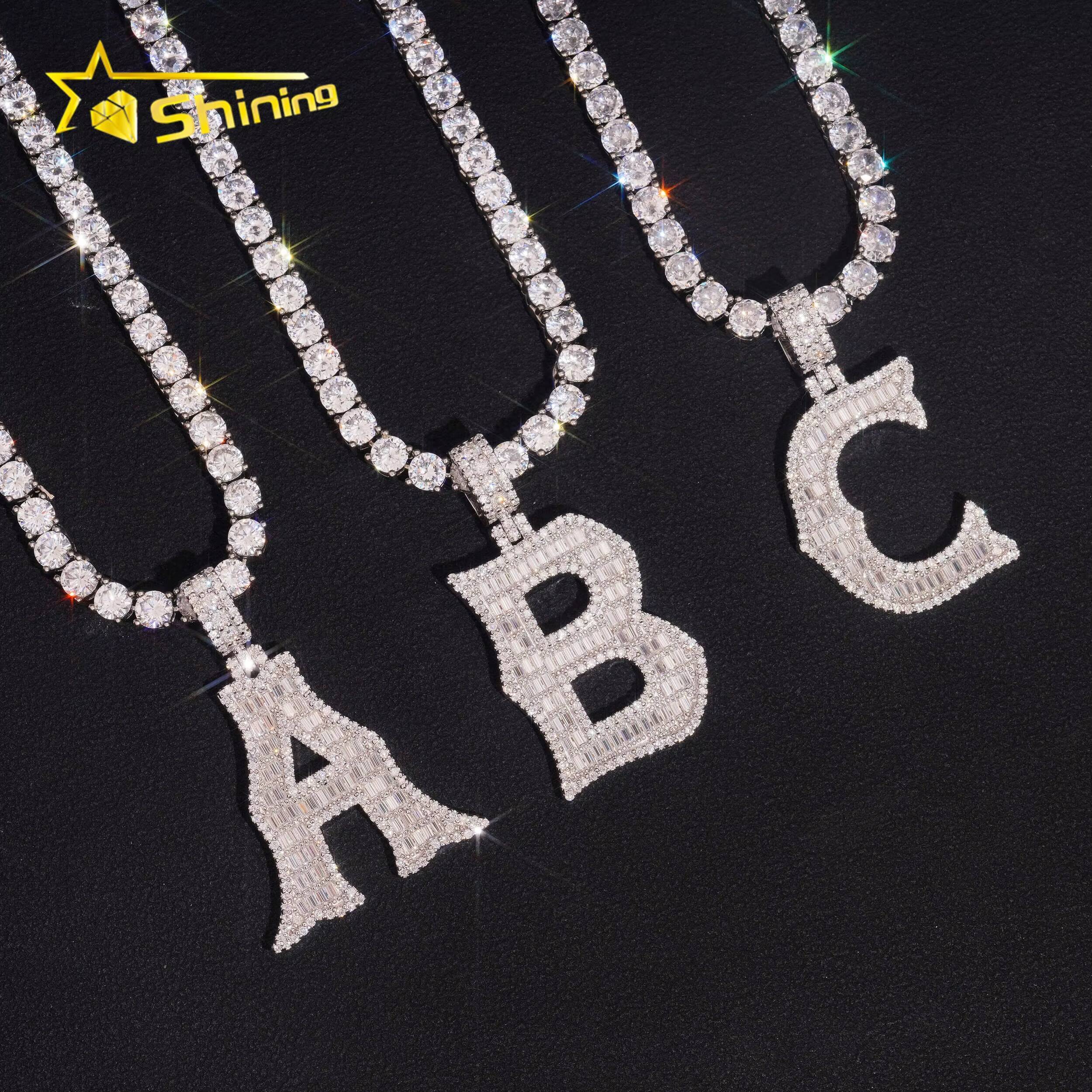 Pass Diamond Tester Baguette 925 Silver Hip Hop Bling Iced Out Moissanite A B C Letter Pendant