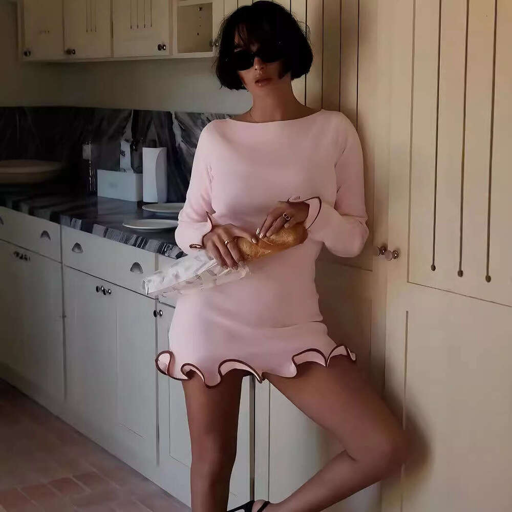 Women's Autumn Winter New Elegant Solid Color Round Neck Lace Trim Short Long Sleeve Knitted Dress