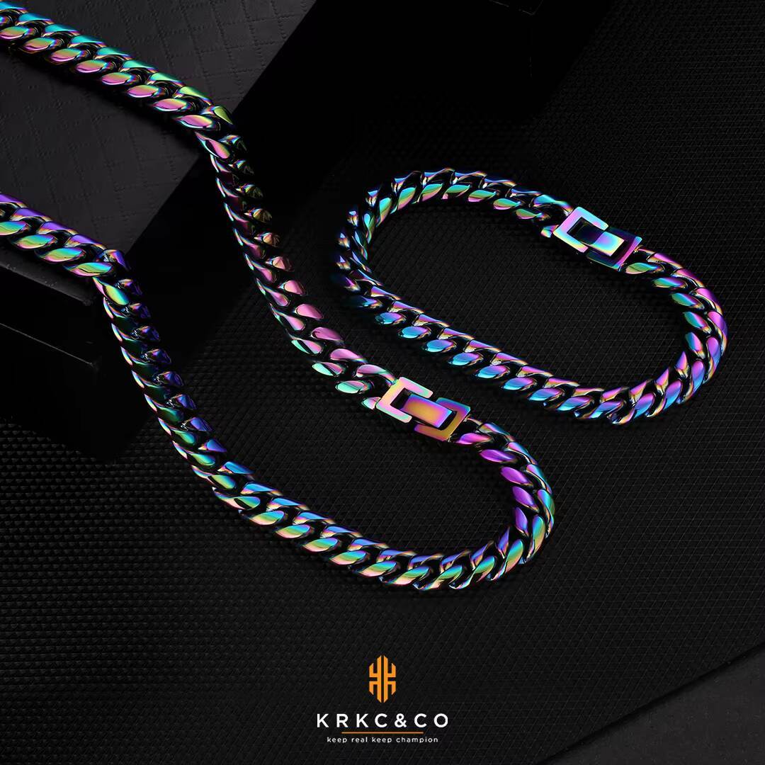 KRKC FaMoissaniteory 2021 Fashion 8mm Real Gold Plated Colorful Stainless Steel Miami Curb Rainbow Cuban Link Chain Necklace Set for Men