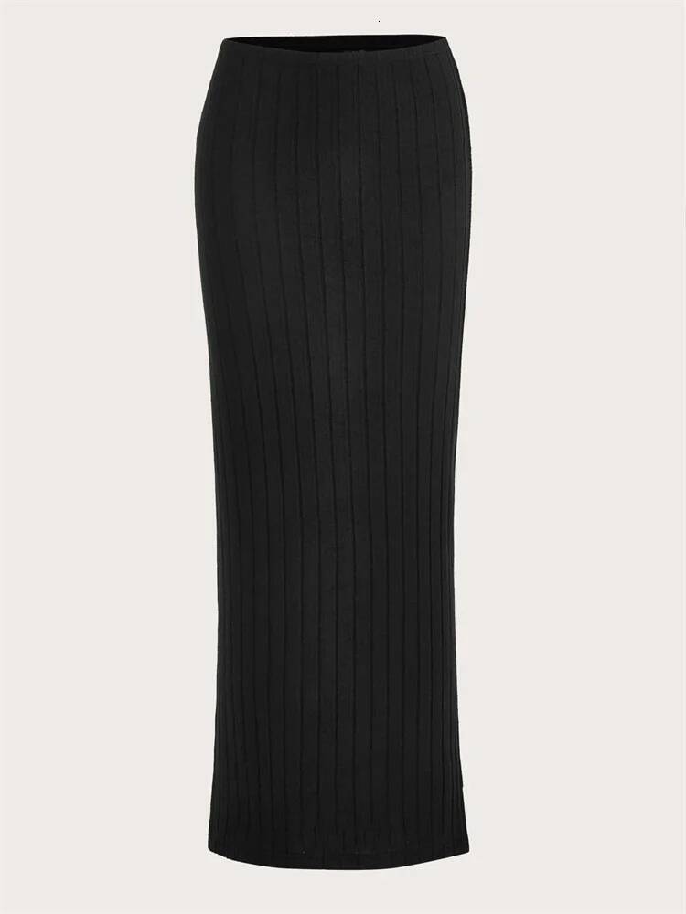 Casual Solid Color Ribbed Knit Pencil Women Autumn Spring High Waist Elegant Slim Fit Long Skirt Streetwear dongdumaoyi