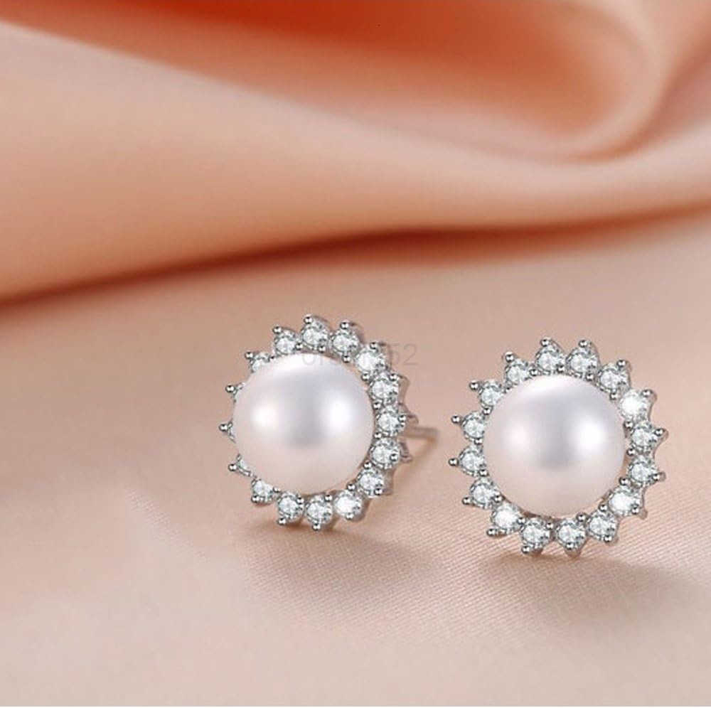 Sterling Silver 859mm White Freshwater Cultured Pearl Earrings Studs AAA Zirconia Earrings Gift for WomenW250911