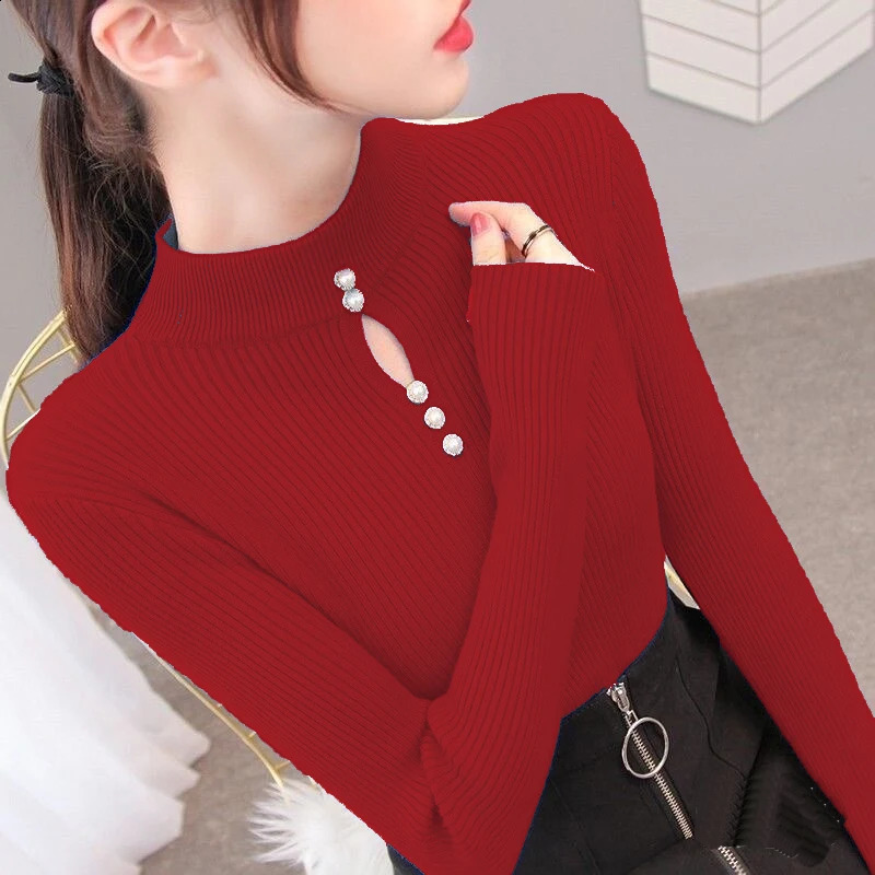 2026 Autumn Winter Pullovers Hollowout Sweaters Long Sleeve Women Half High Collar Sweater Female Slim Korean Knitwears Tops 250911