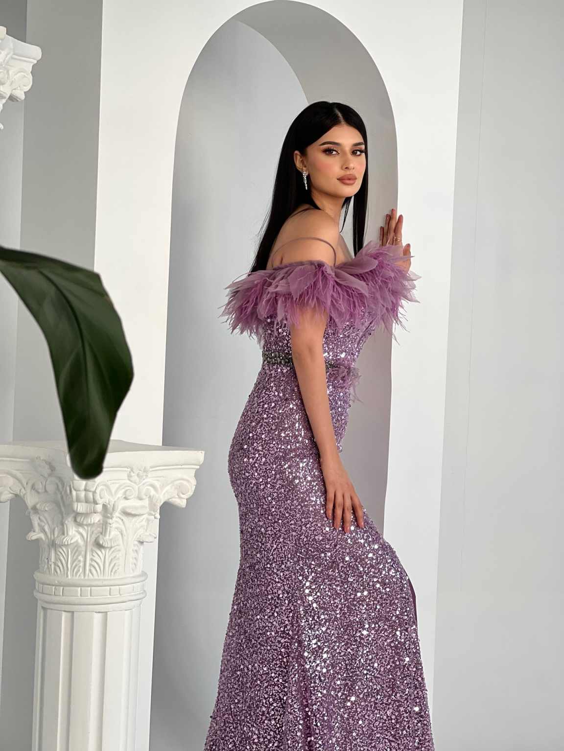 Glitter Ligh Purple Prom Evening Dresses Luxury Feathers Sequin Party Dress For Special Occasions Mermaid Lilac Porm Gonws Customized