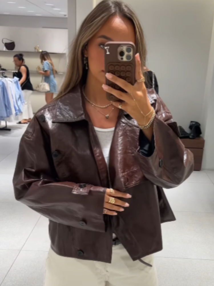 Leather Women's Jacket Burgundy Stand Collar Long Sleeve Asymmetry Button Female Coat Autumn Lady Street Locomotive Outerwear