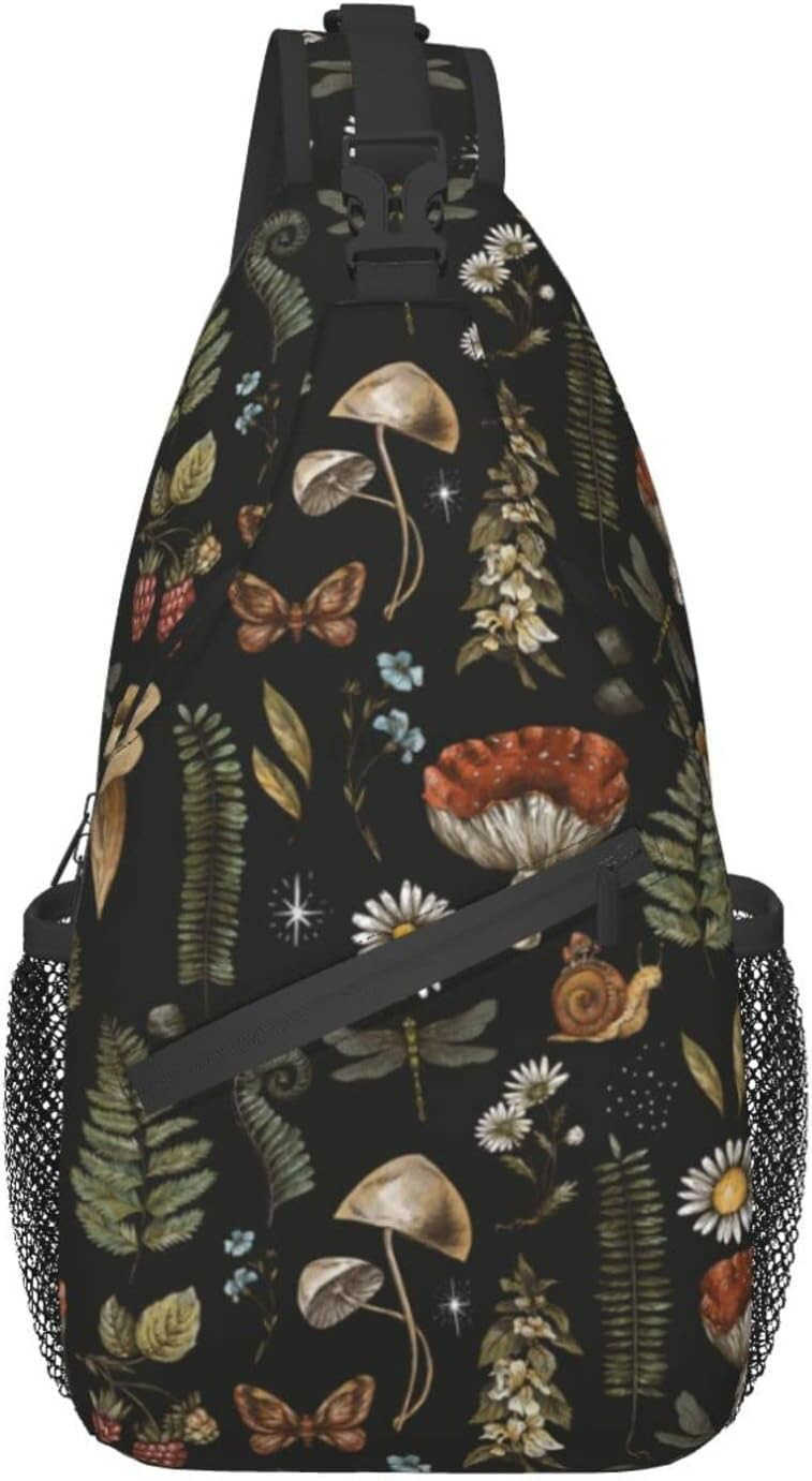 Sling Bag Vintage Mushroom Leaf Forest Hiking Daypack Crossbody Shoulder Backpack Travel Chest Pack for Men Women Over 12 Years OldW250911