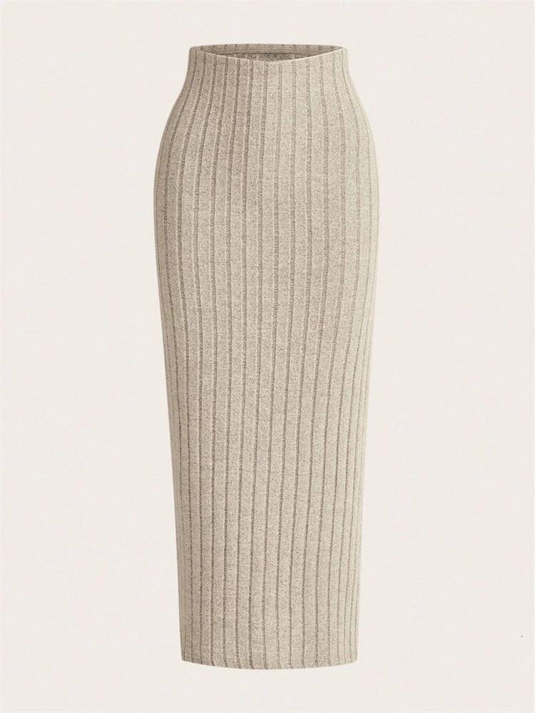 Casual Solid Color Ribbed Knit Pencil Women Autumn Spring High Waist Elegant Slim Fit Long Skirt Streetwear dongdumaoyi