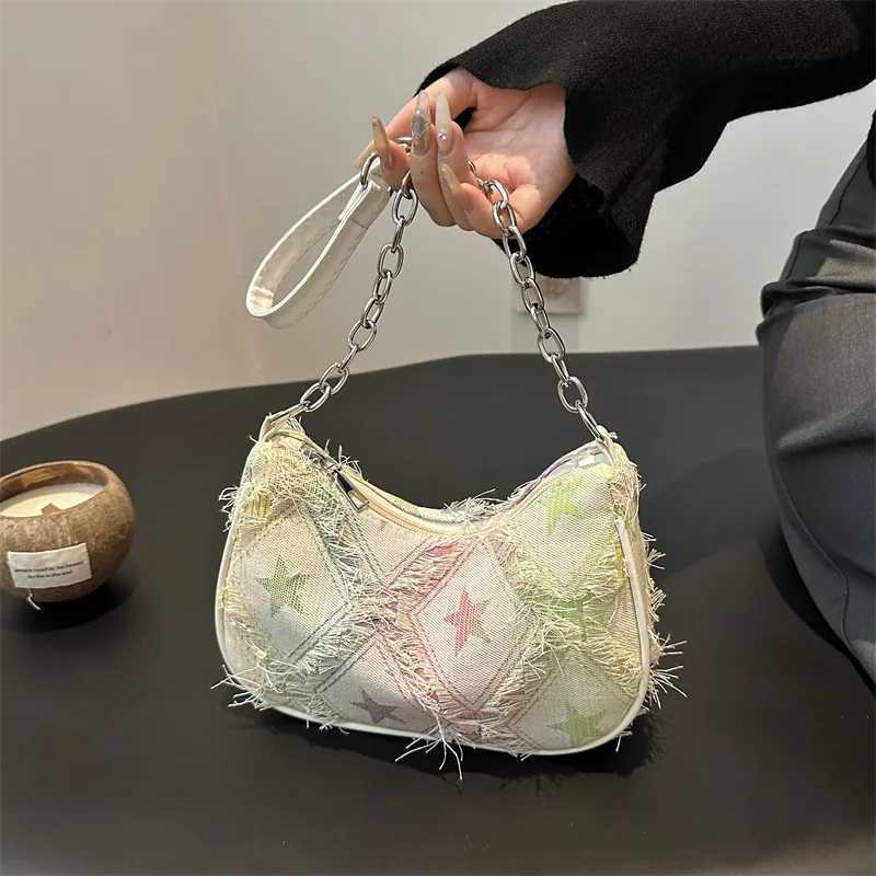 Casual Star Denim Shoulder Bags for Women Plaid Tassel Cool Hot Girls Underarm Phone Bag Fashion Versatile Female Handbags W250911