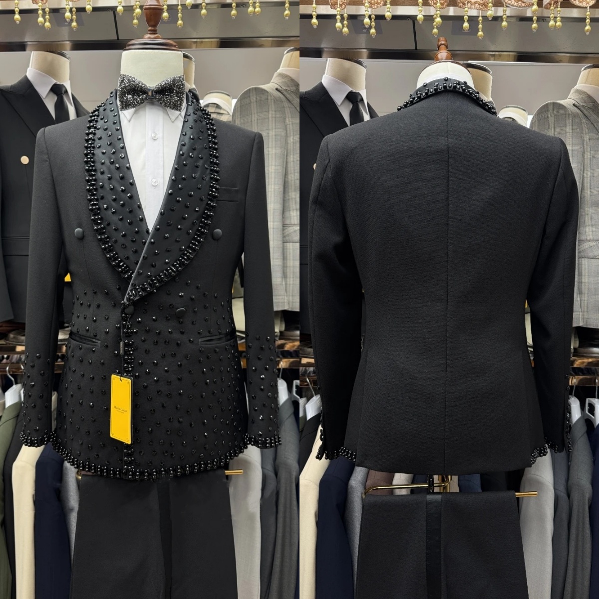 Vintage Men's Suit Crystal 2 Pieces Set Jacket Tailor-Made Blazer Double Breasted Beaded Rhinestone Groom Customized Coat Pants Plus Size