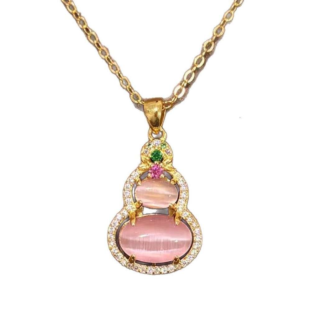 New Chinese Style Pink Chalcedony Gourd Necklace with Zircon Inlay Versatile Elegant Luxurious Design Niche Collarbone Chain