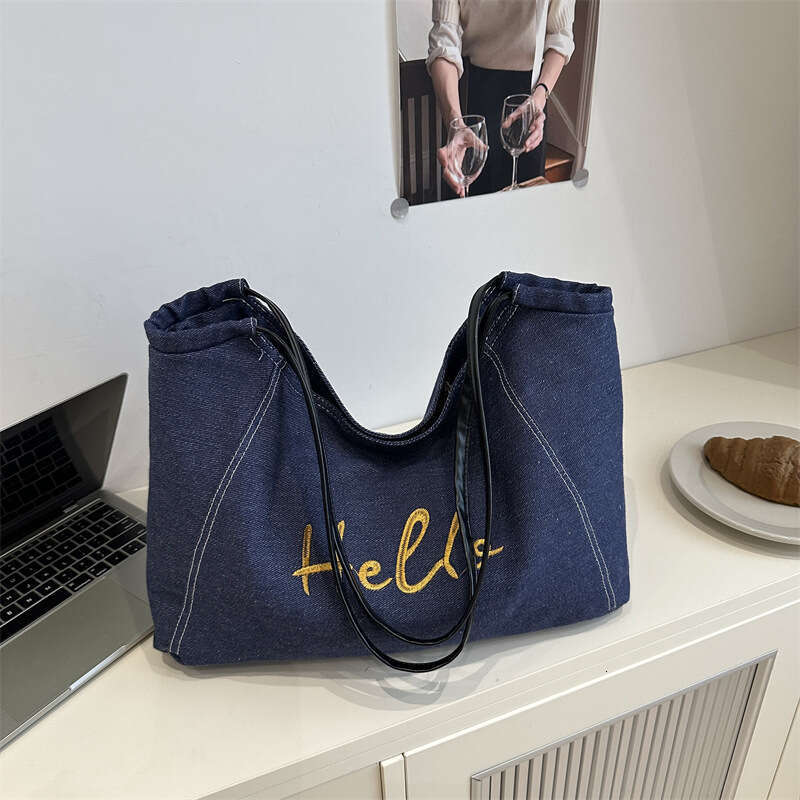 Korean Designer Bags Style Denim Tote for Women 2025 New Large Capacity Letter Shoulder Commuter Underarm Mommy Bag