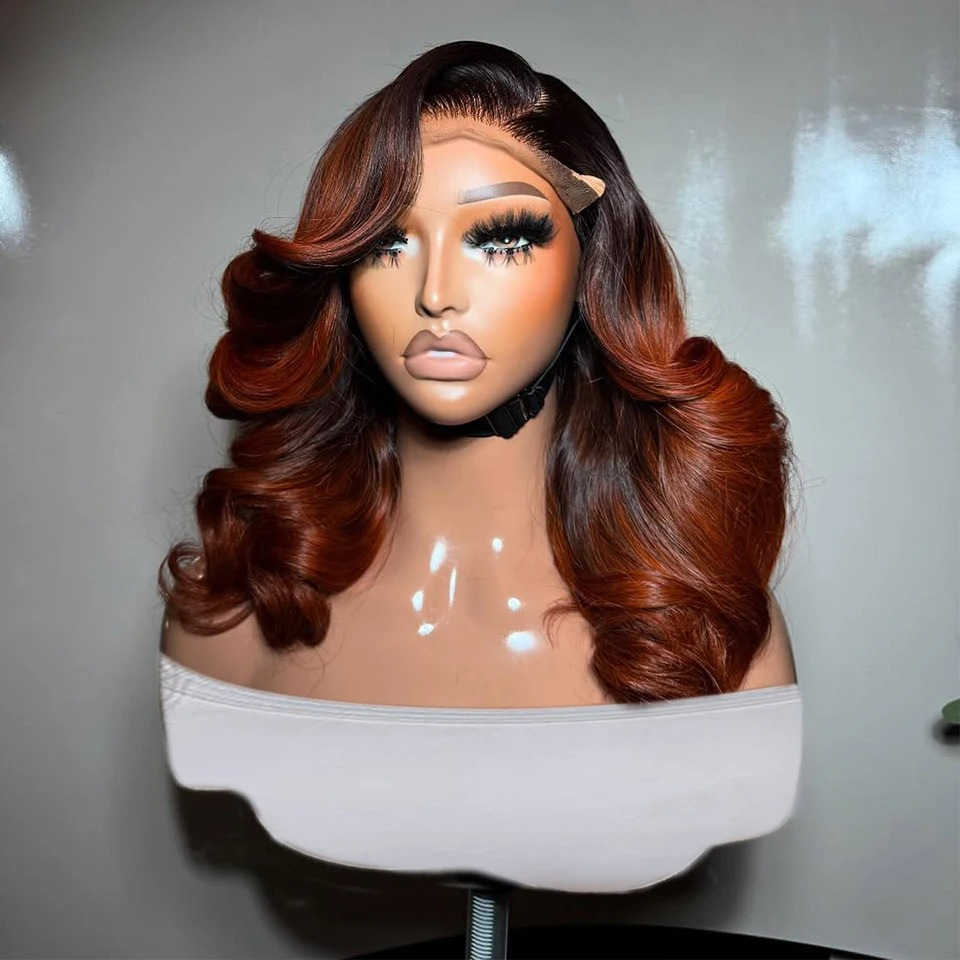 Highlight Ombre Brown Orange Body Wave Human Hair Wigs Short Bob Wig 13x6 13x4 HD Lace Frontal Wig Roots Copper Ginger Wig Transparent Lace Front Wig