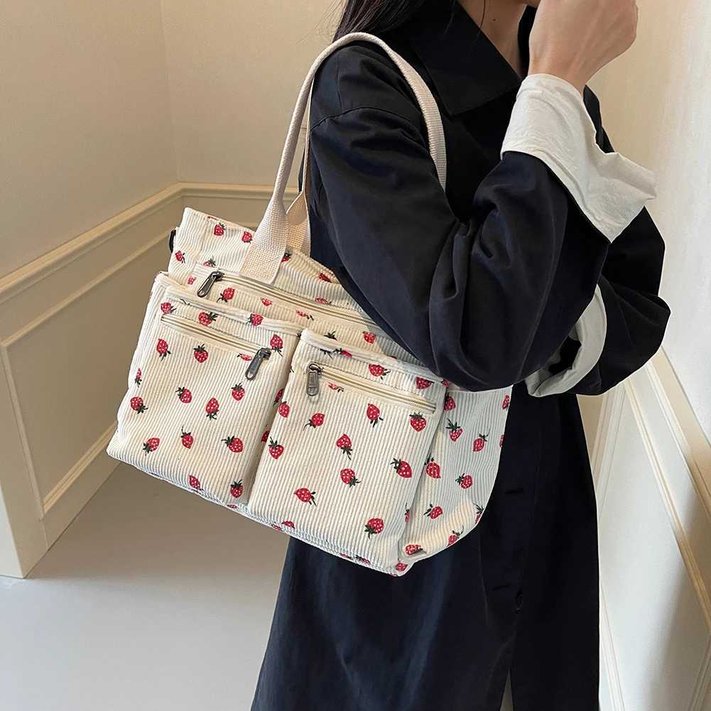 Women Strawberry Shoulder Bag Fashion Corduroy Tote Bag Large Capacity Stylish Crossbody Bag Simple Messenger Bag Chic Hobo Bag W250911