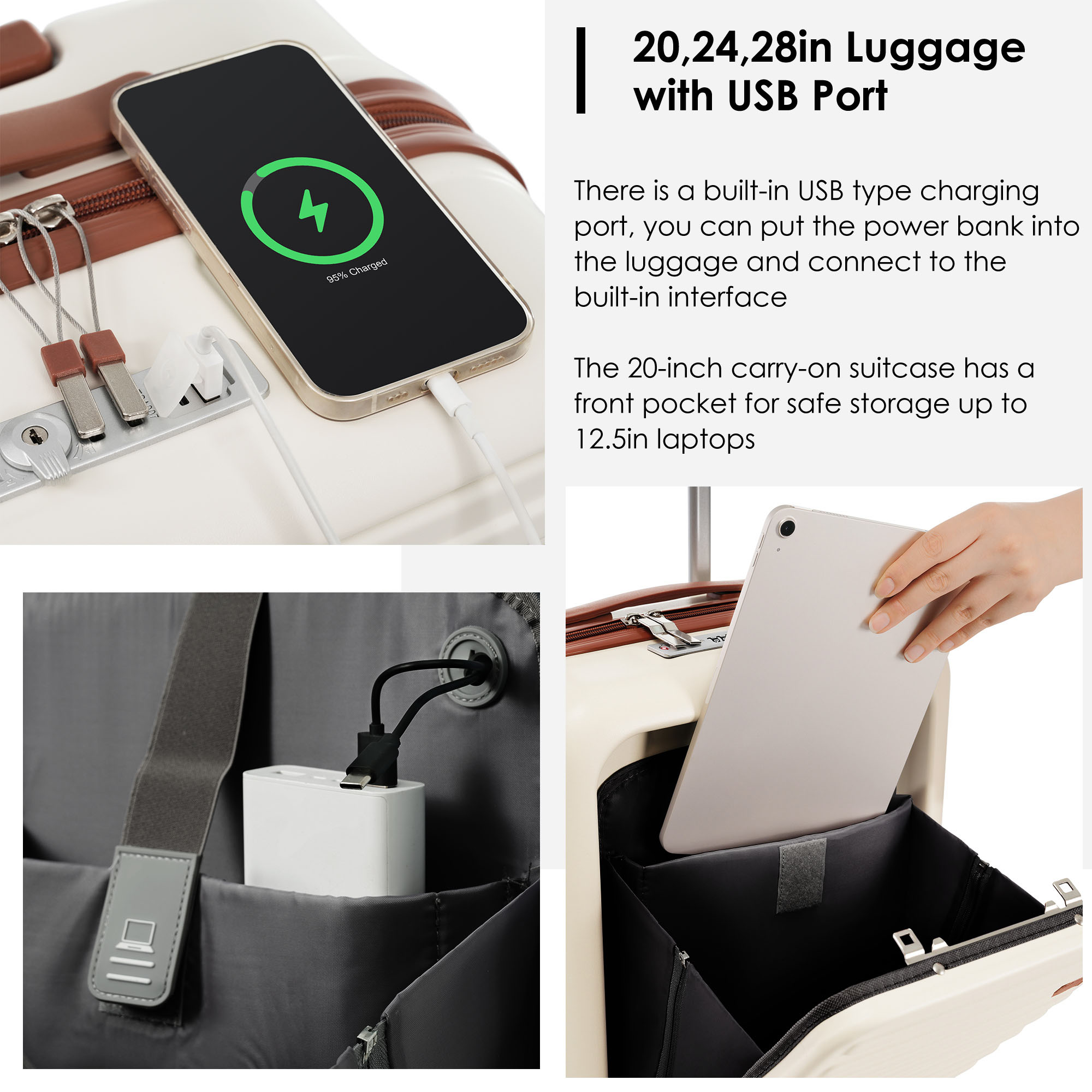 Front Opening 20-Inch Carry-On Luggage with Expandable Travel Bag Set, ABS Hard Shell Two-piece suitcase set with USB Port , Cup Holder, TSA lock