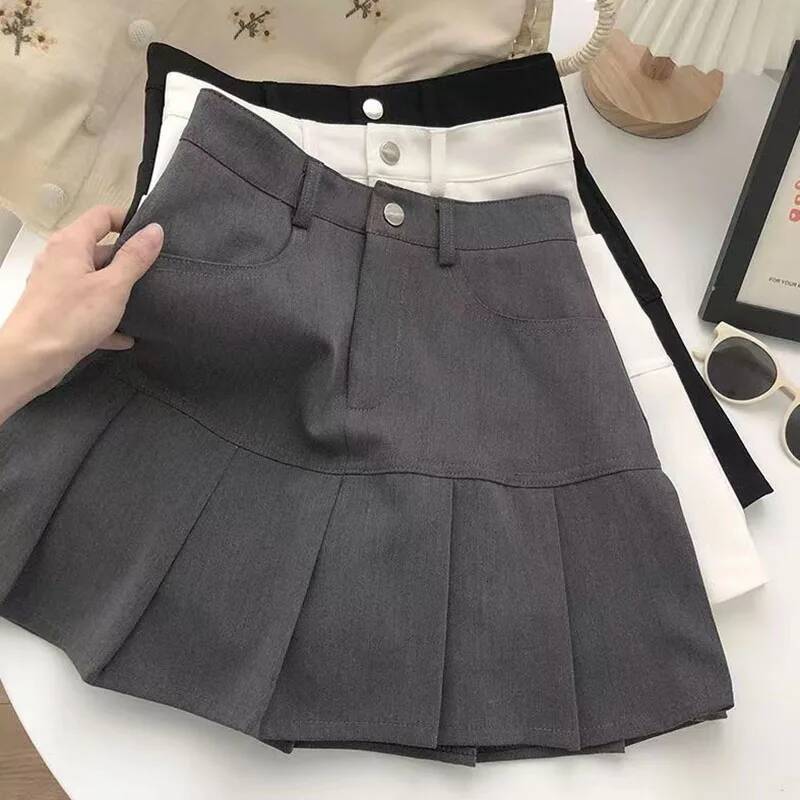 Y2K Vintage High Waist Pleated Women College Style Uniforms Safety Pants Mini Skirts Woman Korean Street Slim A-Line Skirt dongdumaoyi