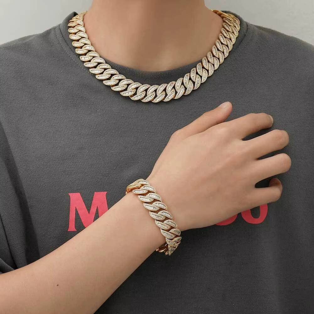 Hip Hop 15mm Filled Real Gold Brass Moissanite Cuban Link Chain Iced Out Baguette Heavy Cuban Necklace for Wedding or Gift