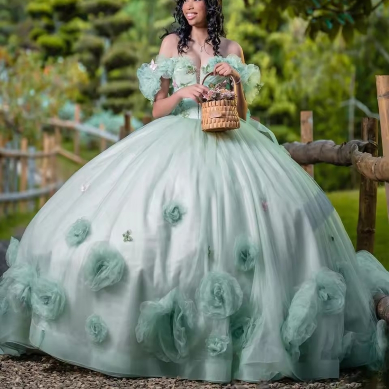 Light Green Quinceanera Dresses Crytal Beading Bow Flower Birthday Party Princess Ball Gown Vestidos De 15 Anos Sweet 16 Dress