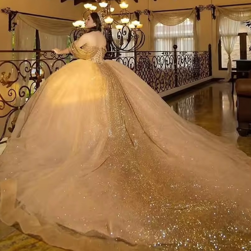 Gold Shiny Quinceanera Dresses Off The Shoulder Party Birthday Vestidos 15 De Anos sweet 16 Dress