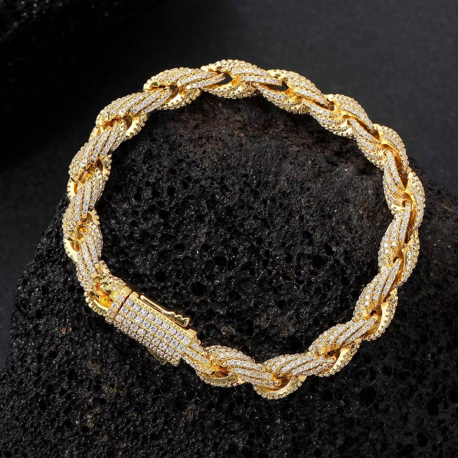 Hip Hop 8MM Moissanite Diamond Iced Rope Bracelet Gold Plated Link Chain Twist Cuban Bracelet and Necklace