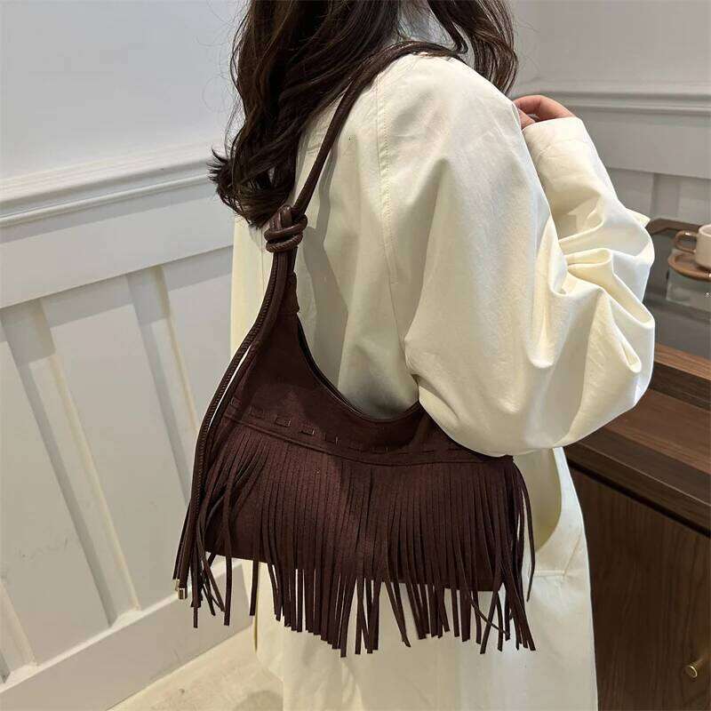 Vintage Fringe Crossbody Fashion Suede Slouchy Trendy Tassel Underarm Bag For Women Work Shopping Travel Winter Fall