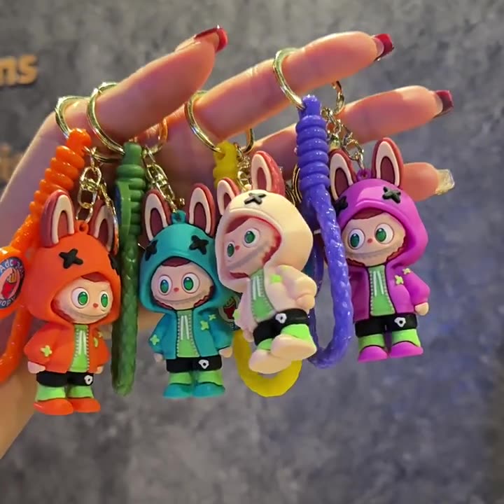 New Labubu Keychains PVC Soft Rubber Cross-Border Creative 4 Colors Adorable Keychain Pendant Cartoon 3D Figurine Ornament Car Key Chain Wholesale Birthday Gift