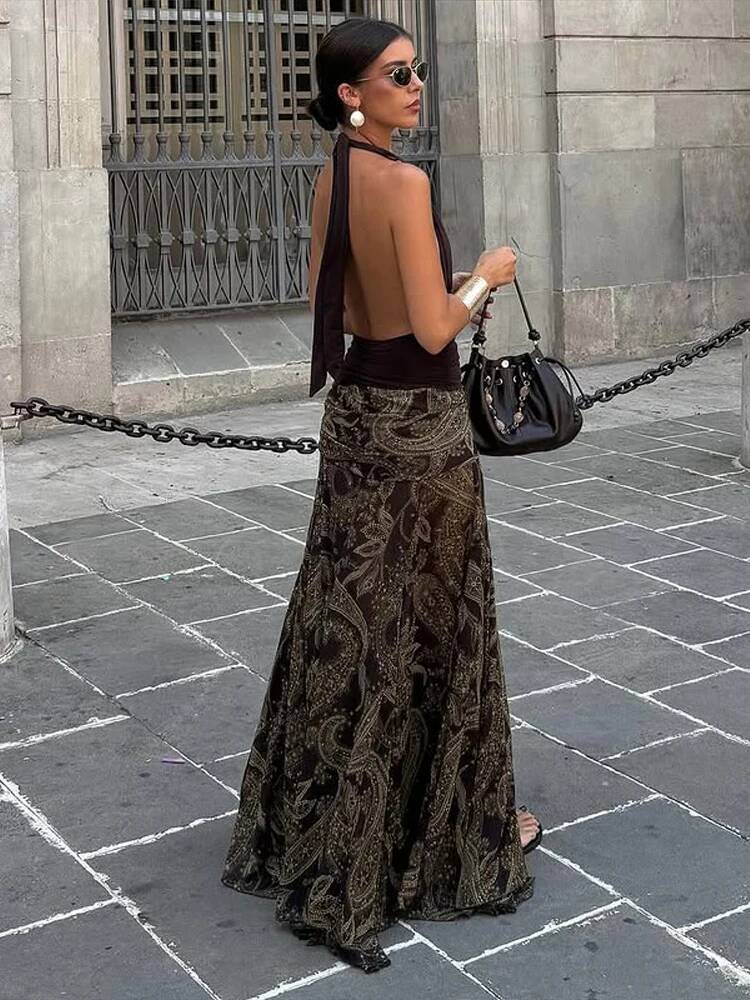 Irregular Printed Big Swing Long Skirts For Women High Waist Buttock Cover A-Line Maxi Skirt Female Vintage Bottom Clothes dongdumaoyi