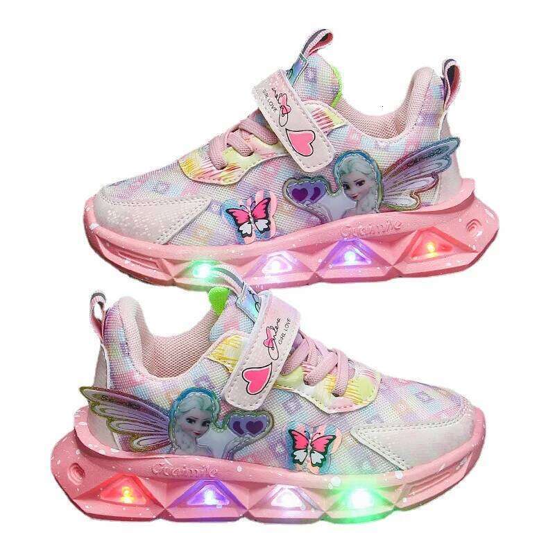 Sports Led Lights Sneaker Cartoon Frozen Princess Elsa PU Leather Girls' Pink Children's Running Shoes