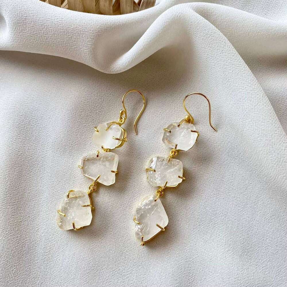 Sterling Sier Women's Handmade Drop Dangle Earrings Raw Rainbow Moonstone Gemstone Prong Setting Wholesale Moissanite