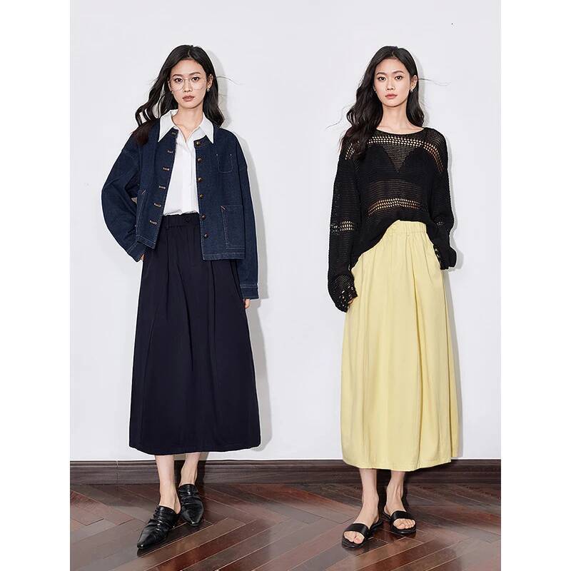 TOYOUTH Women 2025 Spring New Solid Color Pure Cotton Mid Waist Versatile Ankle Length A Line Umbrella Skirt Black dongdumaoyi
