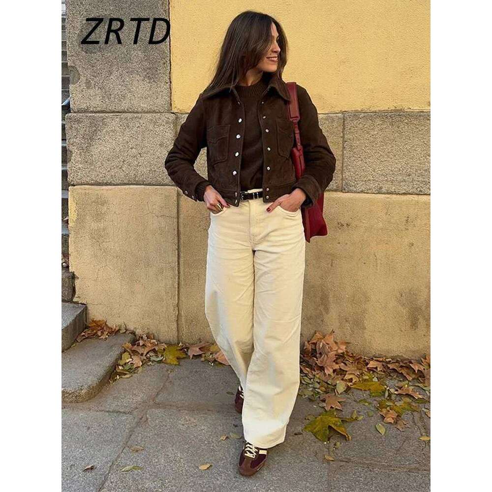 Street Women's Short Brown Suede Jacket Lapel Single Breasted Full Sleeve Pocket Female Coats 2025 Autumn Lady Commute Outerwear