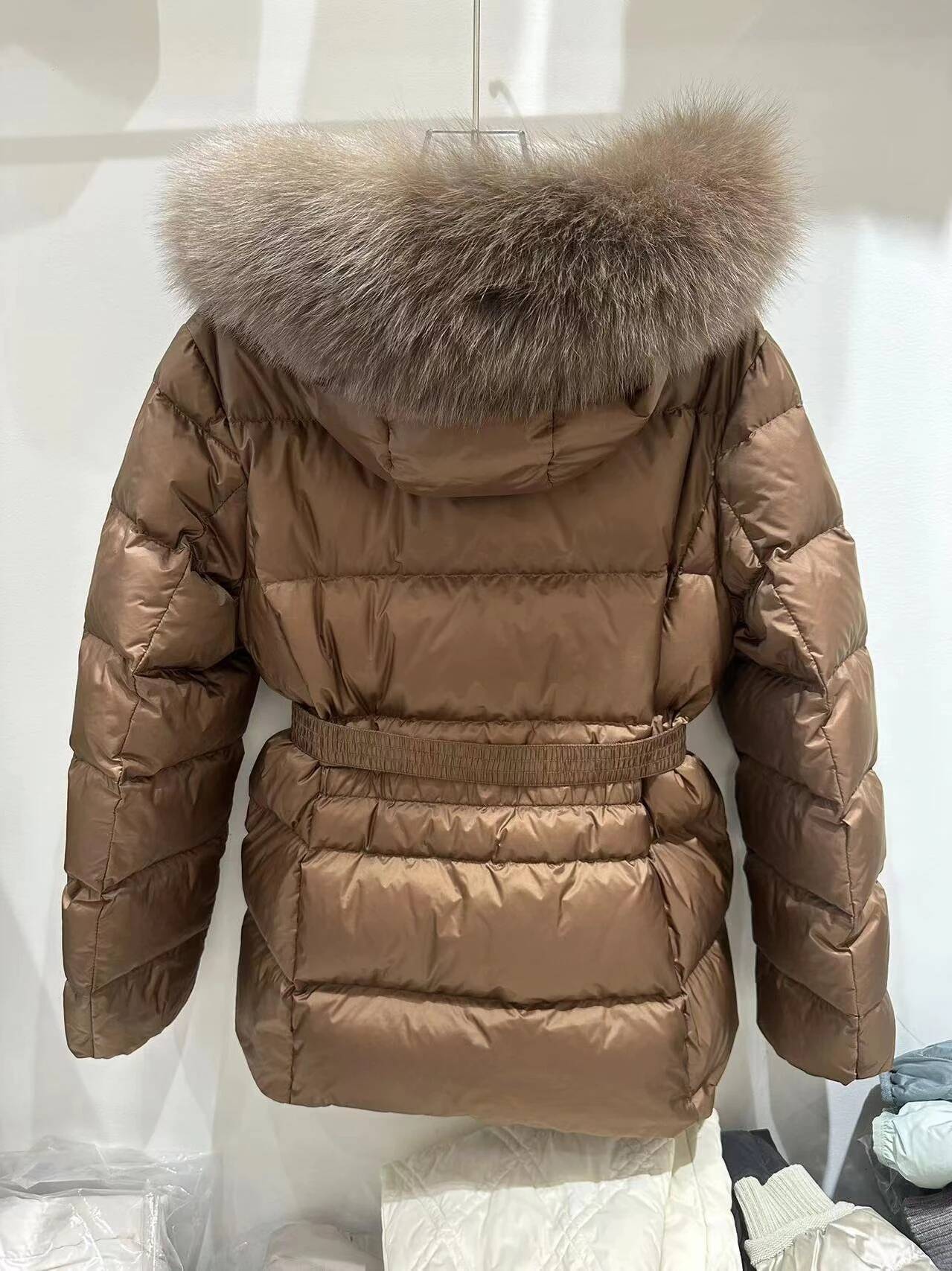 ort Puffer Jaet Women's White Du down Thiened Waist-Cinching Large Fur Collar Hooded Coat Winter Outerwear