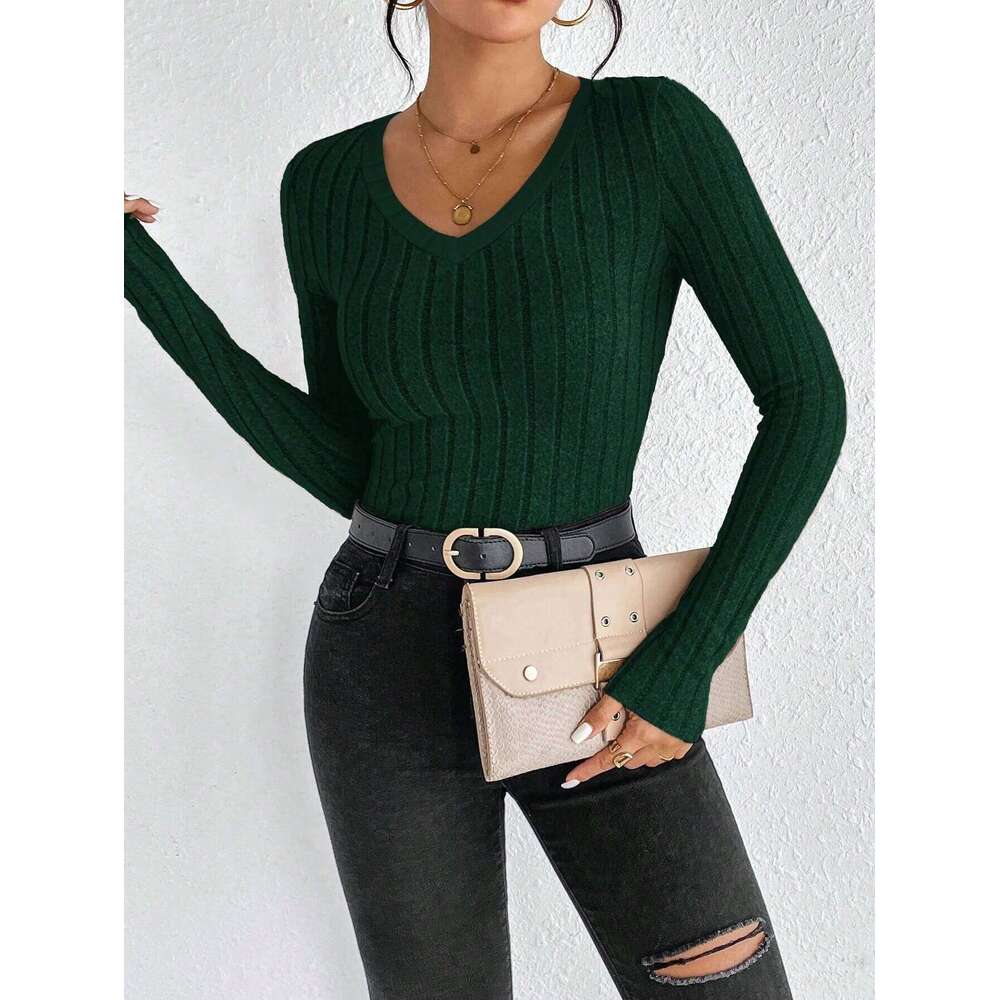 Slim Fit V-Neck Knitted Jumper Long Sleeve Top For Women Sexy Trendy Pullover Casual Wear