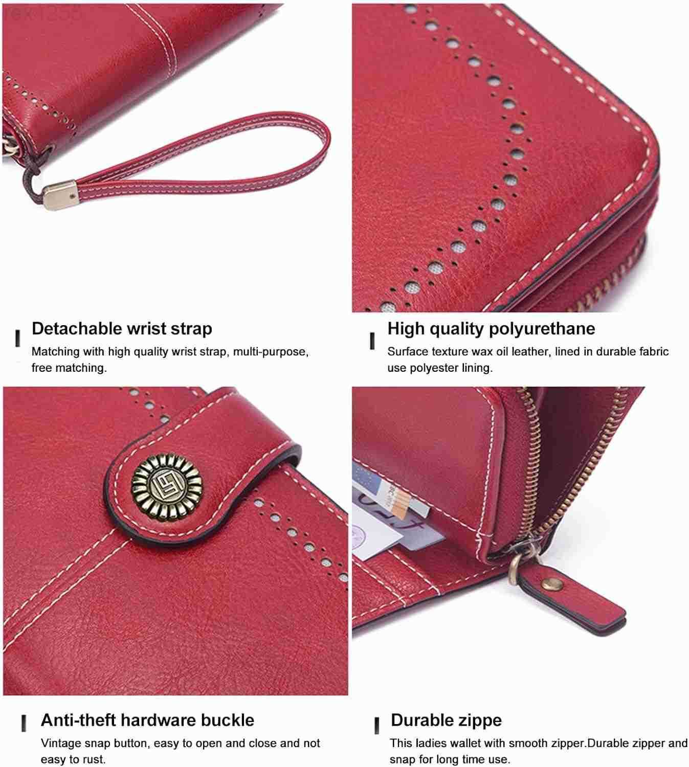 Red Wallet for Women PU Leather Large Capacity RFID TriFold Wallets with Wrist Strap and Zipper for Hold Credit CardsCell PhonesKeys Girlfriends Mothe