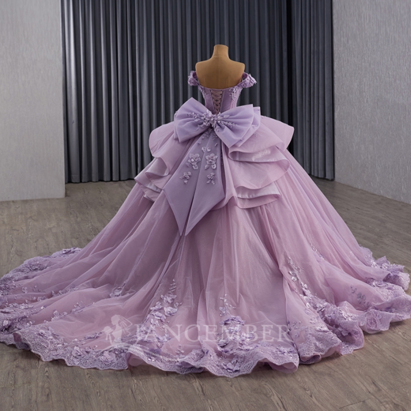 Lilac Shiny Quinceanera Dresses Ball Gown Off The Shoulder Applique Flower Beads Tull Bow Party Birthday Sweet 16 Dress Vestidos 15 De Anos