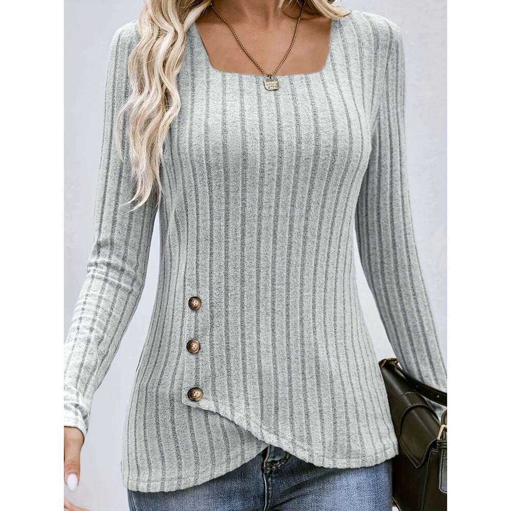 Square Neck Solid Ribbed Button Decort-Shirt, Casual Long Sleeve Top For Spring & Fall, Women's Clothing