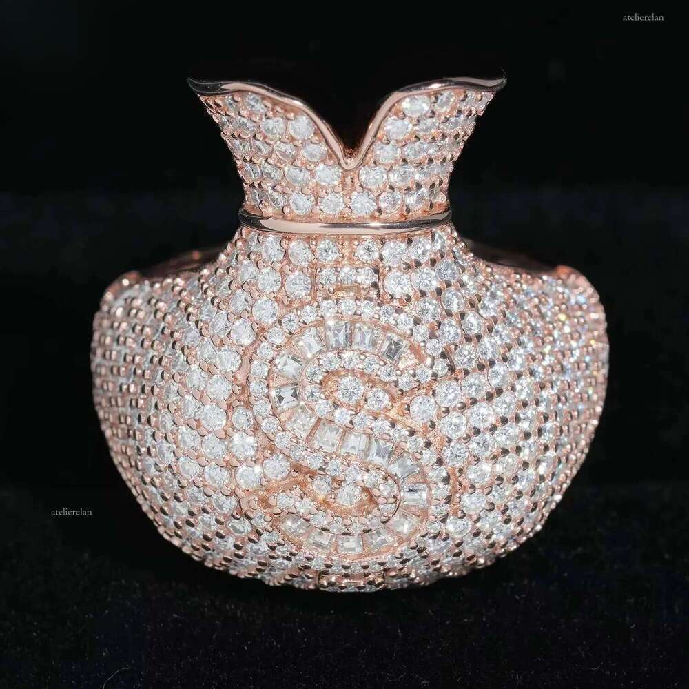 Hip Hop Jewelry Money Bag US Dollar Rings Sterling Sier Gold Plated Ice Out Vvs Moissanite Fully Dia for Men