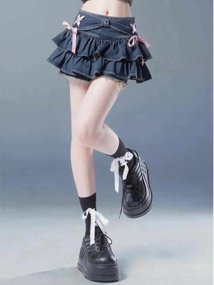 Blue Denim Pleated Bow Fold Design Women's A-line Short Skirt Built in Shorts American Spicy Girl Korean Fashion Hotsweet dongdumaoyi