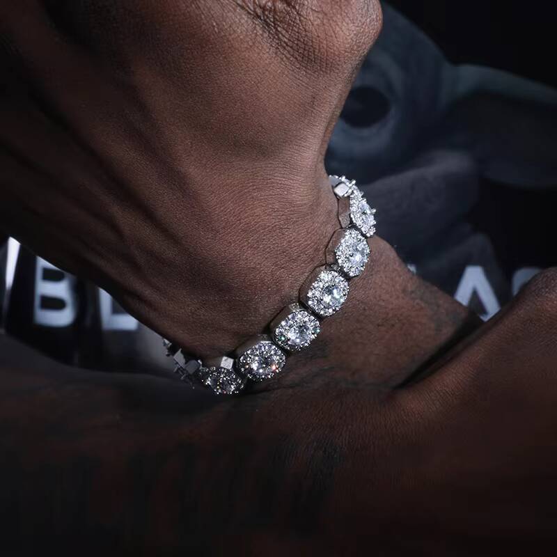 Hip Hop Jewelry 925 Silver Plated Square 10mm Moissanite Diamond Rock Sugar 925 Tennis Chain Bracelet Bangle for Men Women