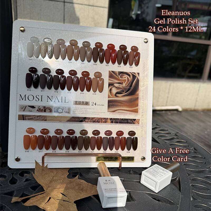 Eleanuos Caramel Polishing 24Pcs Winter Durable UV Varnish Soaking Brown Enhancement Coffee Gel Nail Salon Kit