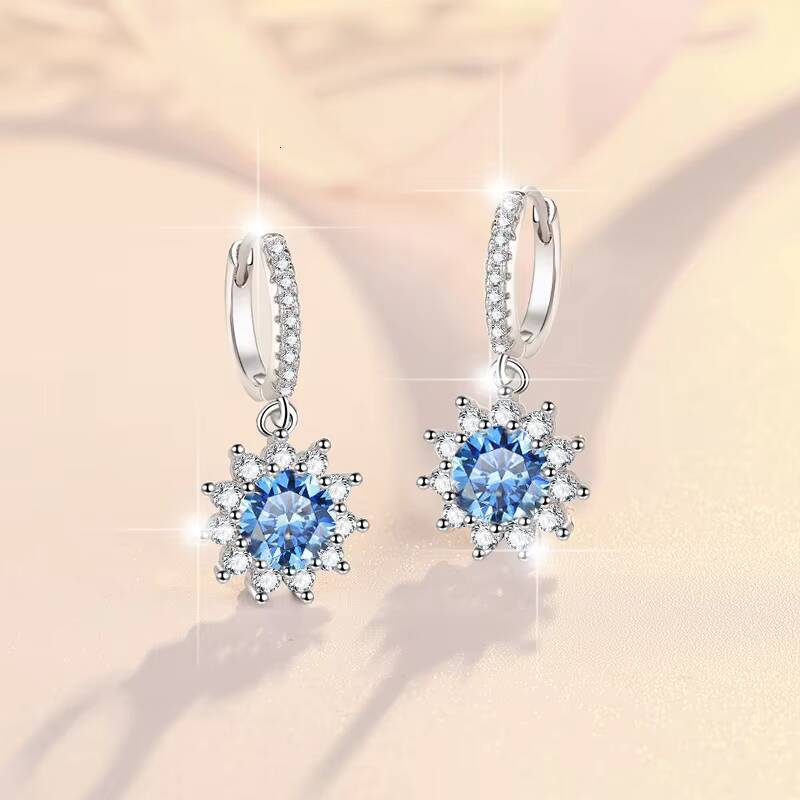 Fine Jewel Flower Shape S925 Silver Design GRA Test Drill Pen 105Ct Blue Pink Color Moissanite Stud Pendants Hoop Earrings