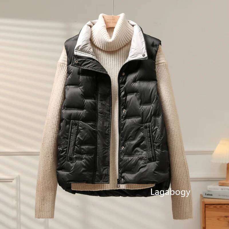 Lagabogy 2025 New Winter Jacket Women 90% White Duck Down Vest Standing Collar Casual Loose Female Zipper Puffer Coat Sleeveless