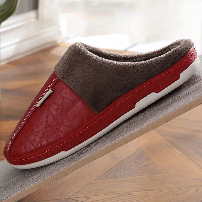 Casual Men Slippers Indoor PU Leather Women House Waterproof Warm Home Fur Slipper Male Couple Shoes Fluffy Slide Couples Shoes250906