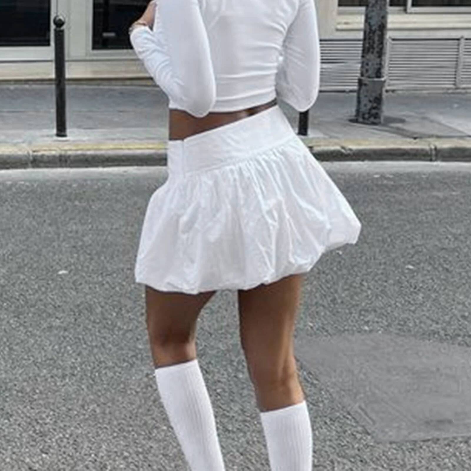 Women Lantern Mini Summer Casual Loose Fitting Elastic Waist Solid Color Short Pufll Skirt Sweet Style Skirts Girls dongdumaoyi