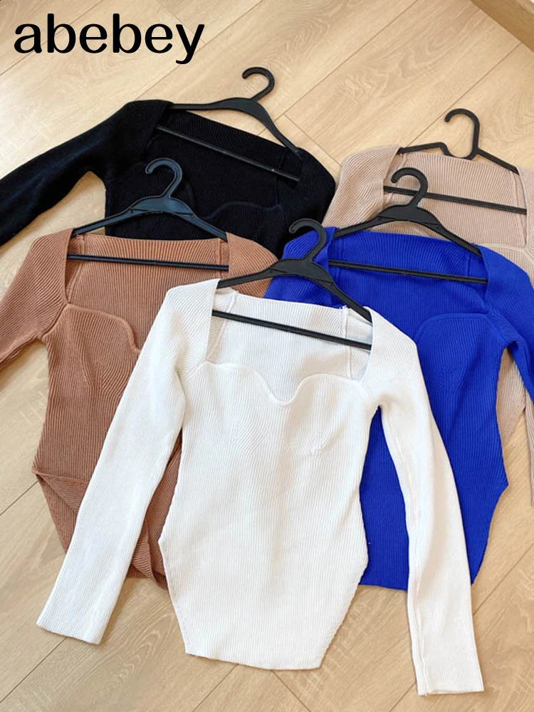 Square Collar Knitted Pullover Women Spring Autumn Sweater Winter TopsLong Sleeve Woman Sweaters For Black White Jumper 250911