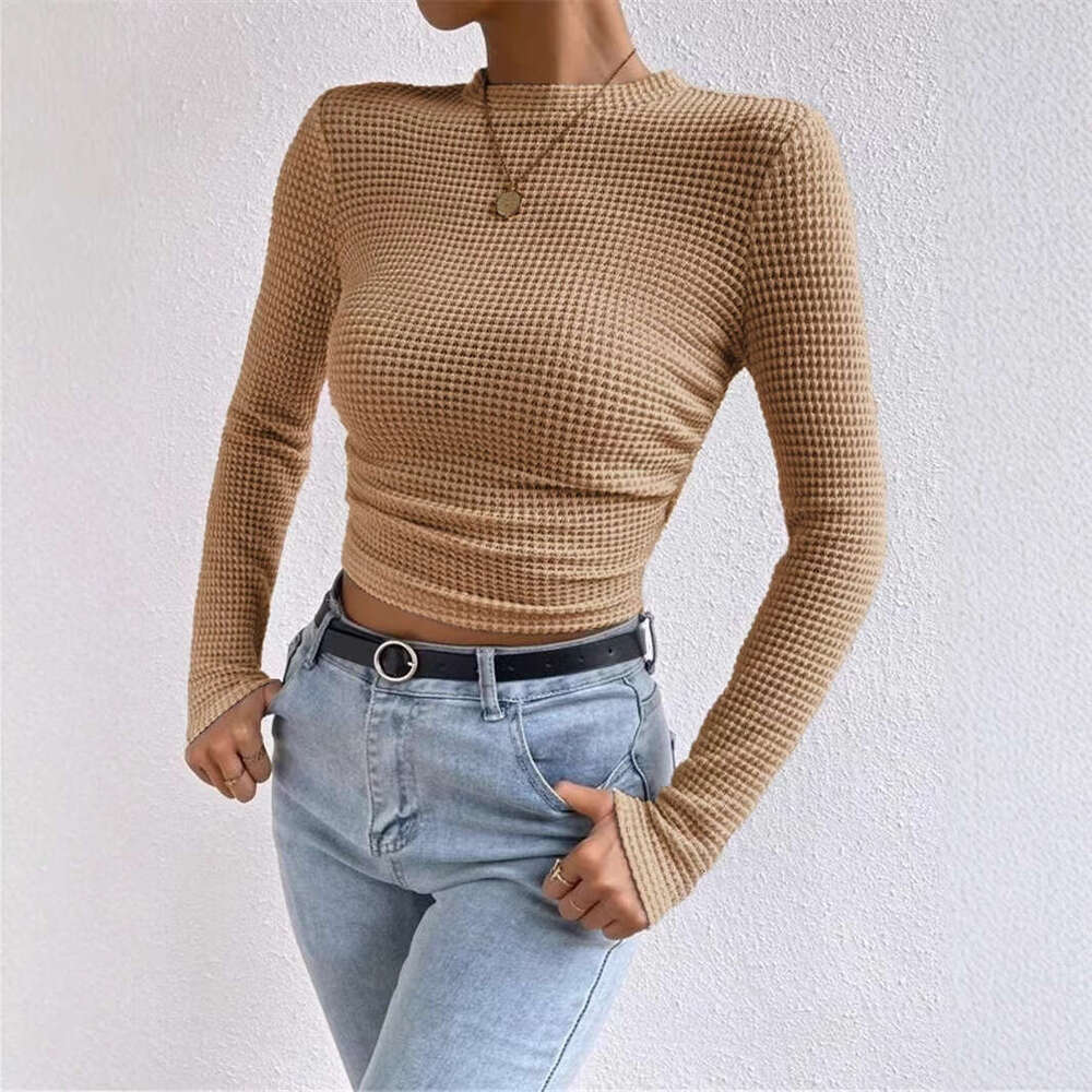 2025 Autumn Winter Slim Fit Long Sleeve Plaid Round Neck Women's T-Shirt with Ruched Detail