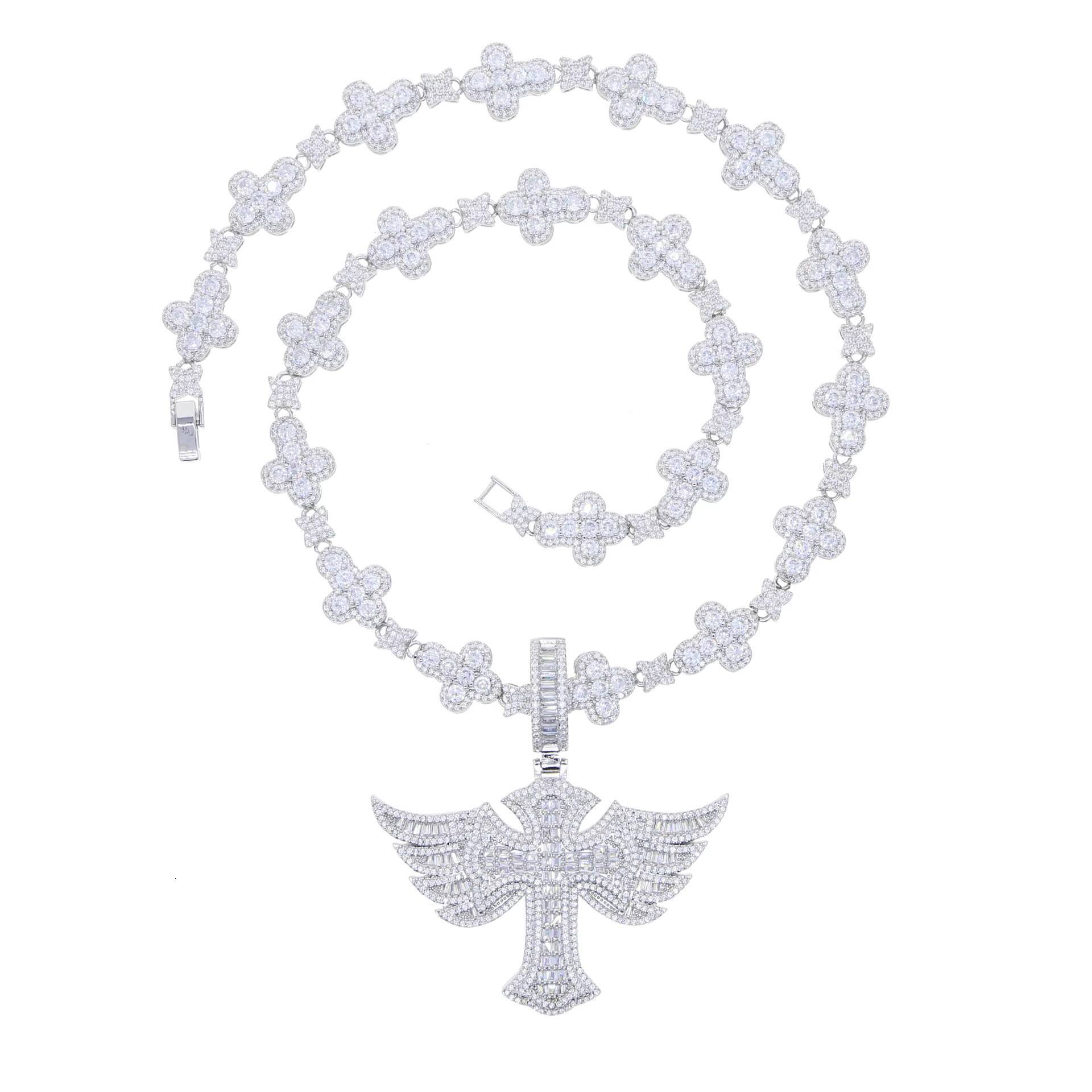 Hip Hop Lced Out CZ Zircon Cross Pendant Necklace Shiny Cross Tennis Link Chains Necklace for Men Jewelry