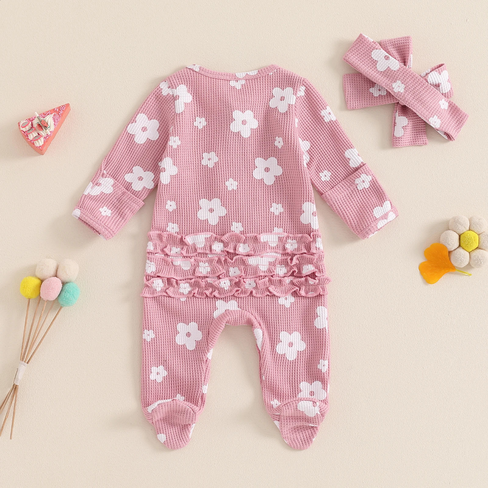 Toddler Baby Girls Floral Footies Jumpsuit and Headband Children Cotton Long Sleeve Frills Zipped Autumn Spring Kids Clothes 250910