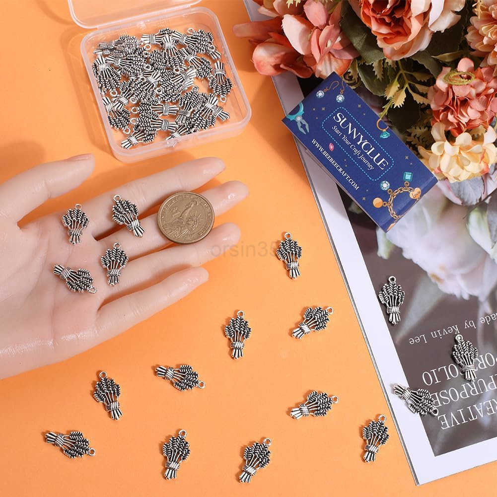1 Box 50Pcs Thanksgiving Wheat Charm Fall Harvest Autumn Charms Bulk Tibetan Style Antique Silver Spike Flower Wheat Ears Pendants for Jewelry Making 
