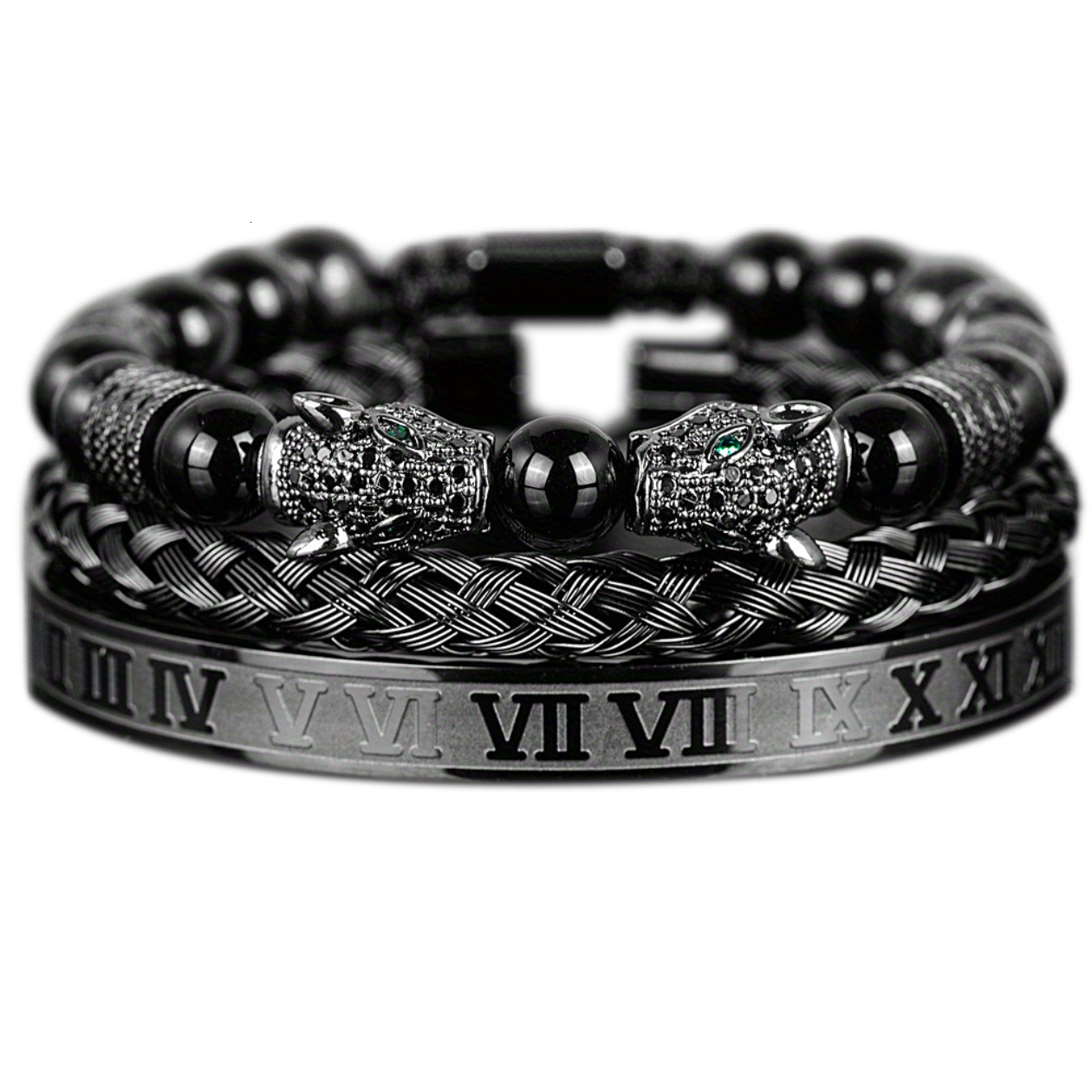 Black Double Leopard Head Braiding Stainless Steel Roman Numeral Bracelet Set Retro Designer Jewelry for Men